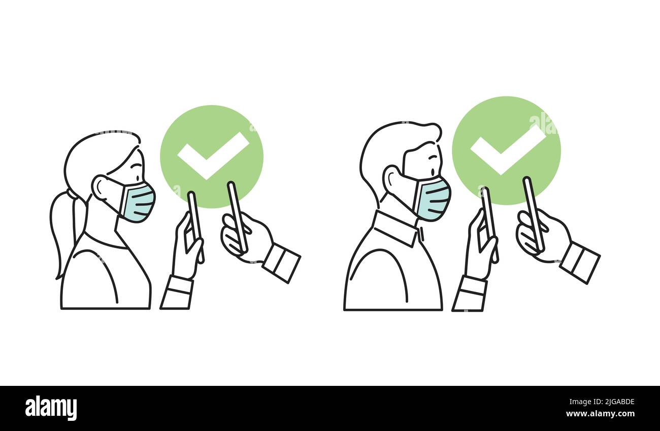 Mann und Frau tragen chirurgische Gesichtsmasken, die das Smartphone für die digitale Überprüfung des Sanitärpasses halten. Gesundheitsausweis, eu-Grünpass, qr-Code-Check. Stock Vektor
