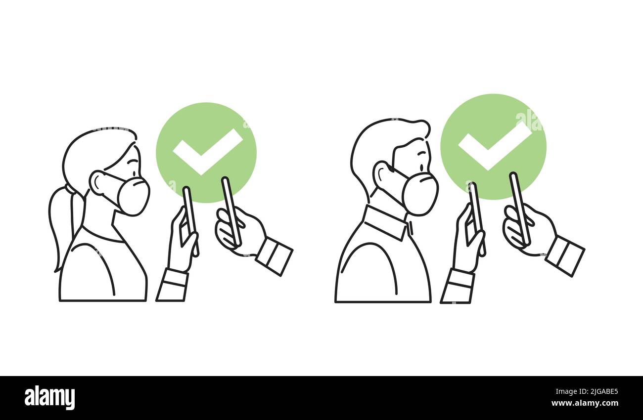 Mann und Frau tragen FFP2 kn95 Gesichtsmasken, die das Smartphone für die digitale Überprüfung des Sanitärpasses halten. Gesundheitsausweis, eu-Grünpass, qr-Code-Check. Stock Vektor