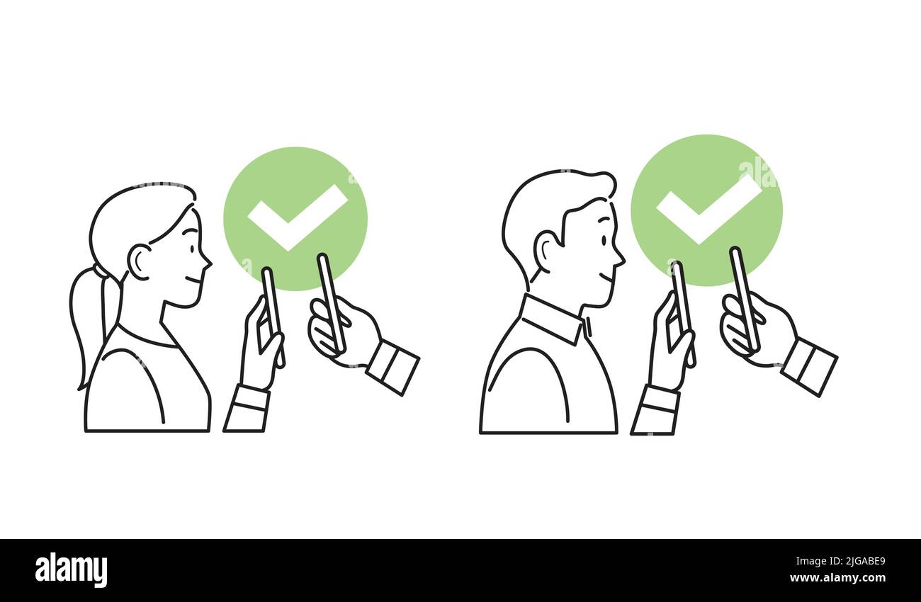 Mann und Frau mit Smartphone für die digitale Überprüfung des Sanitärpasses. Gesundheitsausweis, eu-Grünpass, qr-Code-Check, Impfpass oder Reisepass. Stock Vektor