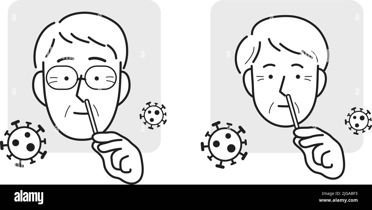 Covid19 Coronavirus-Antigen-Selbsttest-Liniensymbol oder Piktogramm-Vektorset. Ältere Bürger mit nasalem Wattestäbchen aus dem covid-Selbsttest-Heimkit. Stock Vektor