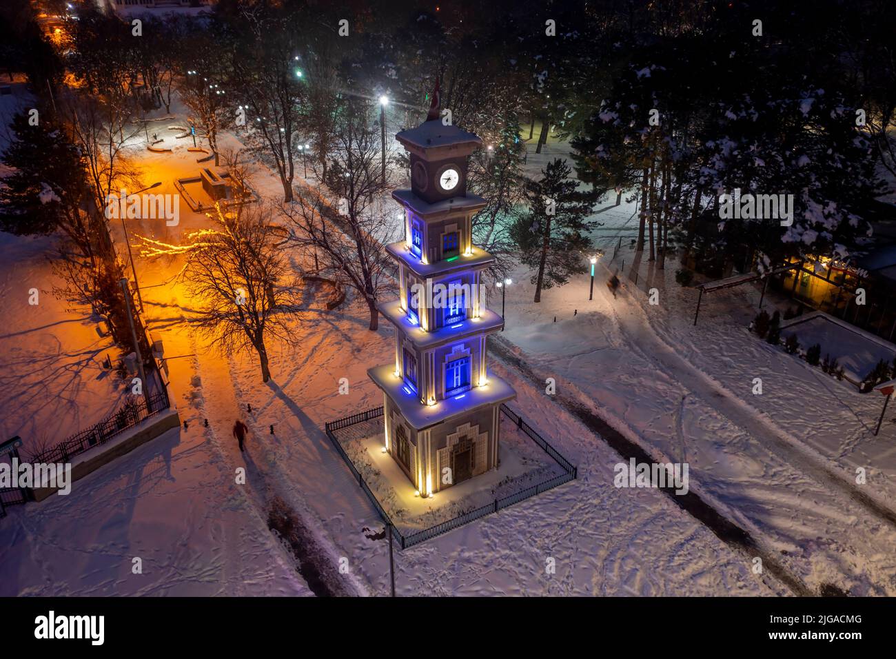 Erzincan, Türkei, 27. Januar 2022: Erzincan Uhrturm im Winter. Stockfoto