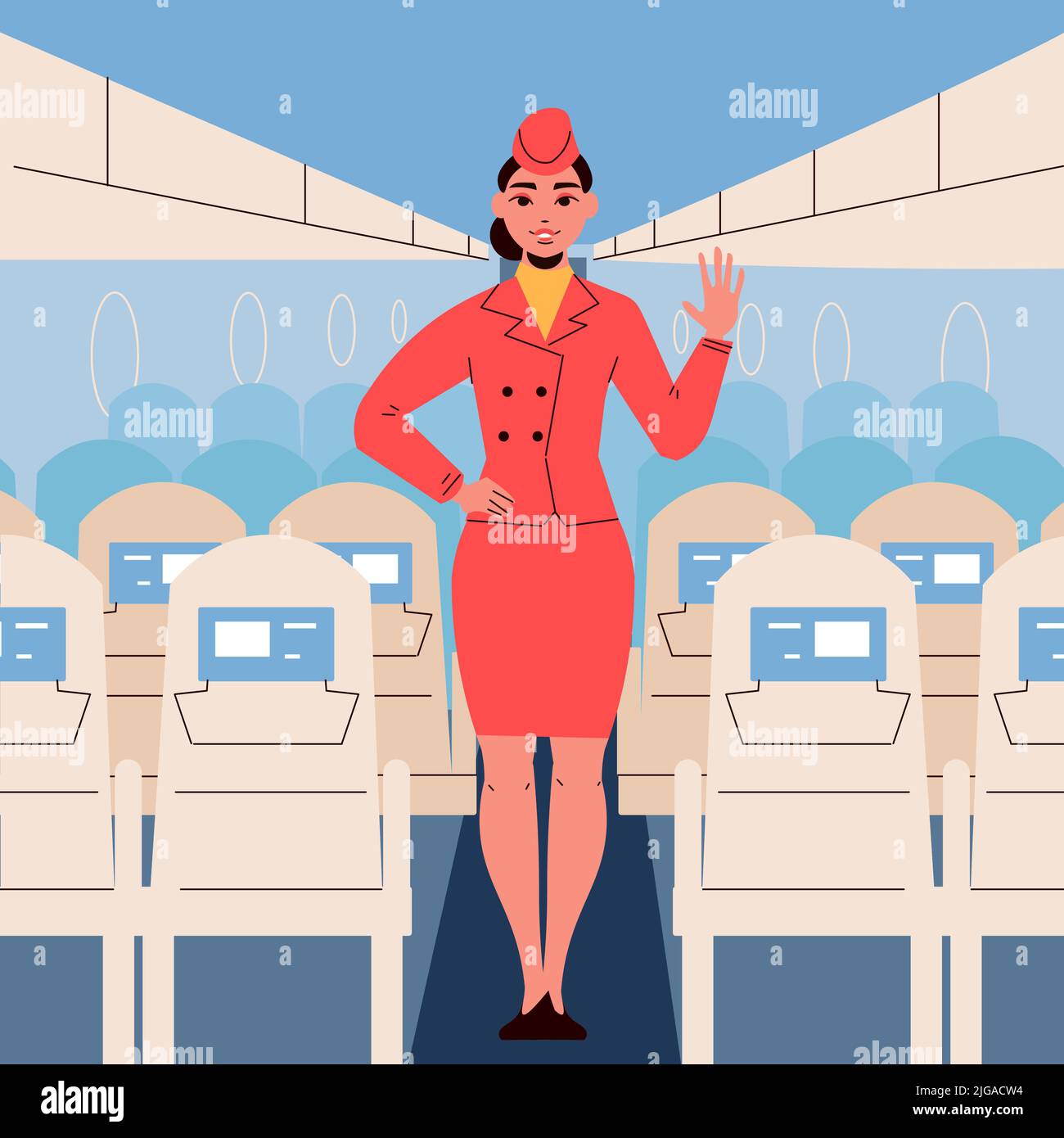 Stewardess in roter Uniform bleibt im Gang der Flugzeugkabine bei leeren Sitzen Hintergrund flache Vektorgrafik Stock Vektor