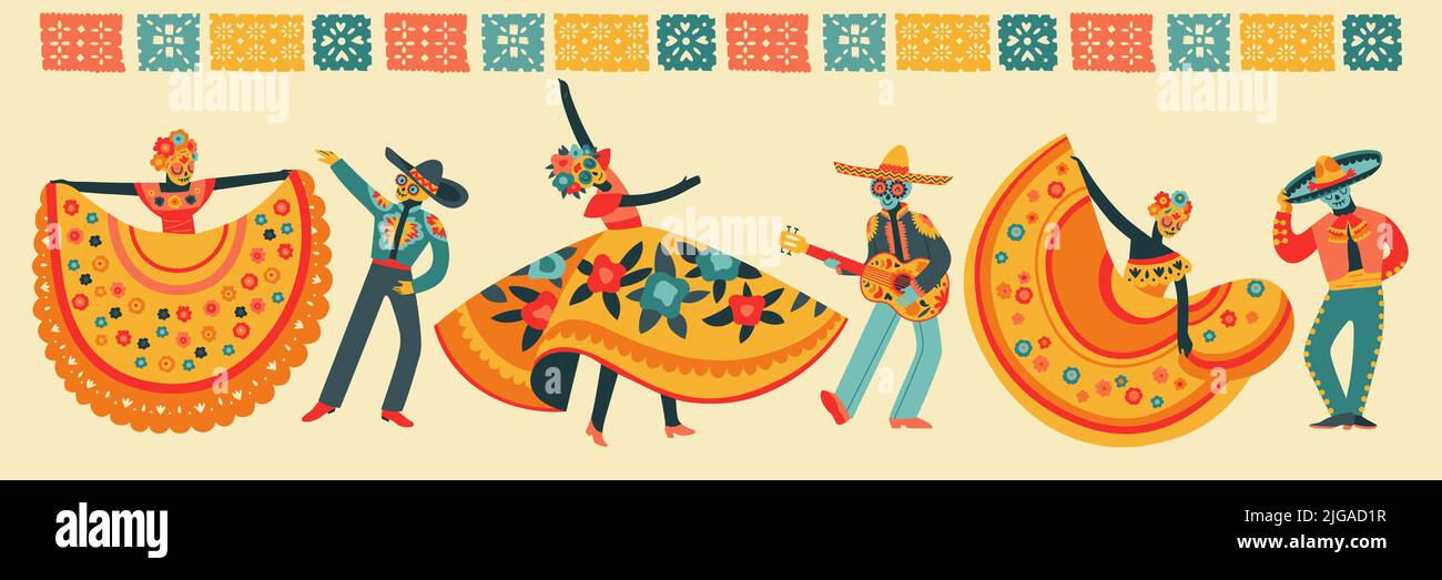 Dead Day Feiertagsfeier flach horizontales Plakat mit mexikanischen Männern und Frauen in Kostümen und Masken tanzen und spielen Musikinstrumente Vektor il Stock Vektor