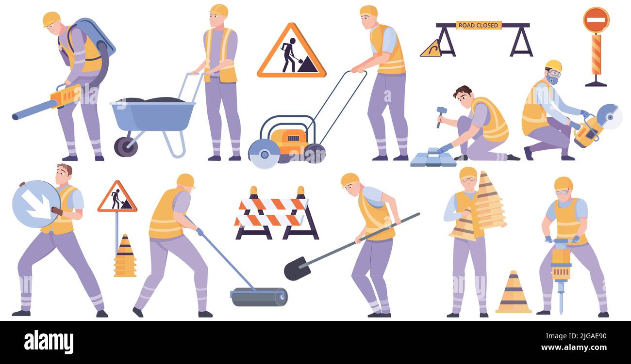 Straßenbelag Arbeiter Set mit Asphalt-Technologie-Symbole flach isoliert Vektor-Illustration Stock Vektor