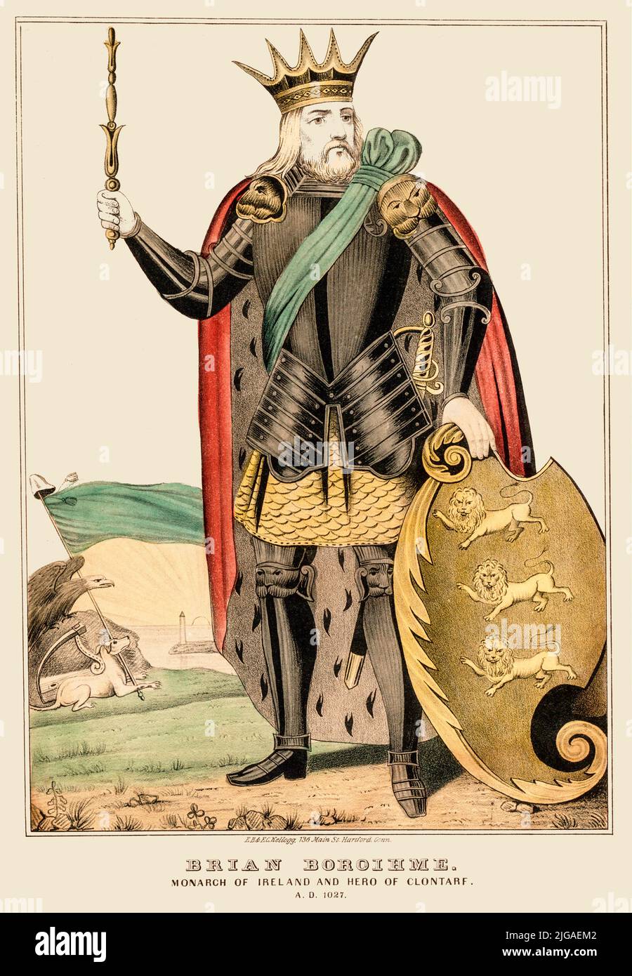 Brian Boru (941 1014) war ein irischer König, der die Herrschaft des Hohen Königreichs von Irland durch die Uí Néill beendete und wahrscheinlich die Wikinger-Invasion/Herrschaft über Irland beendete. Er machte sich zuerst zum König von Münster, dann unterwarf er Leinster und wurde schließlich zum High King of Ireland. Er war der Gründer der O'Brien-Dynastie und gilt weithin als einer der erfolgreichsten und einigenden Monarchen im mittelalterlichen Irland. Stockfoto