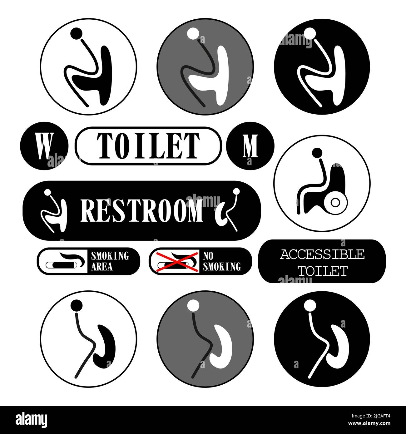 Vector Männer und Frauen, Behinderten-WC-Schilder gesetzt. Schwarze Silhouetten von Menschen. Vektor-Toilettensymbole Stock Vektor