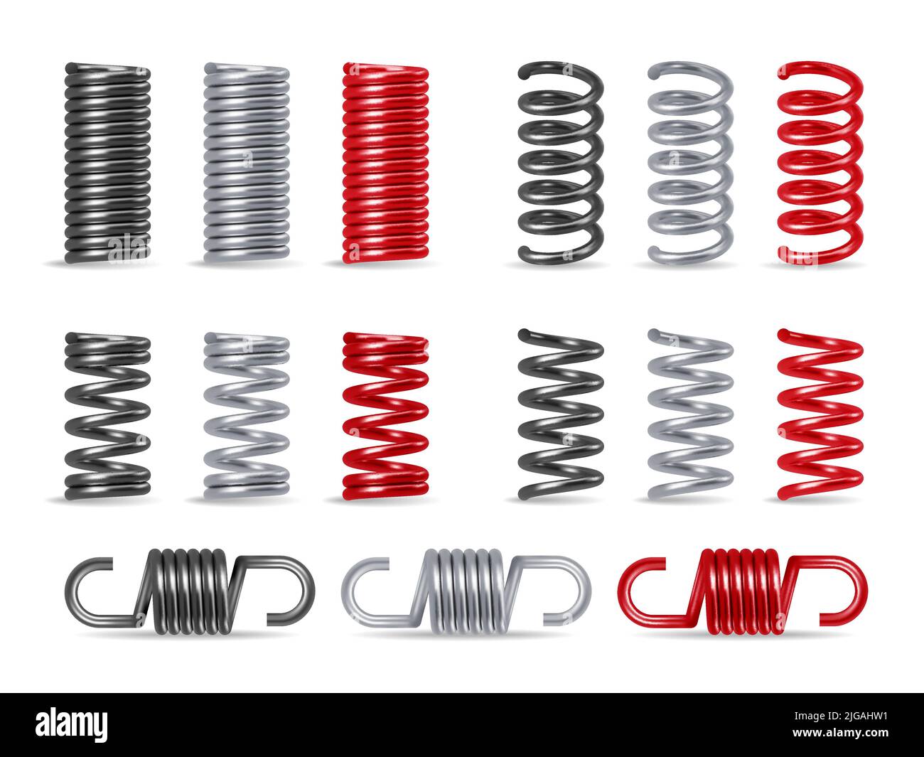 Metallfeder hell realistische Set mit Wirbel isoliert Vektor-Illustration Stock Vektor