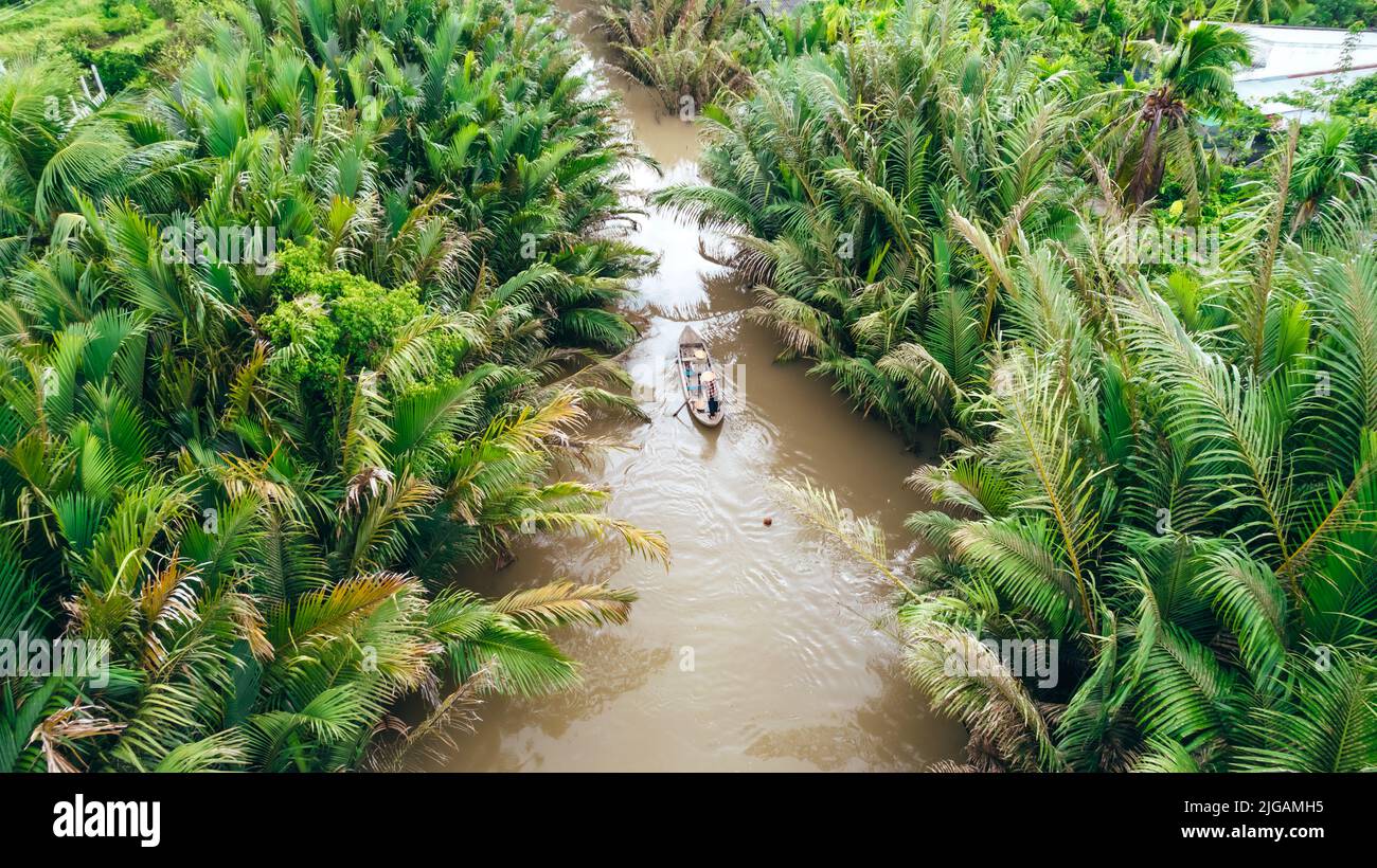 Luftaufnahme von oben von Touristen auf einem Sampan-Boot im braunen mekong-Fluss mit grünen Palmen Stockfoto