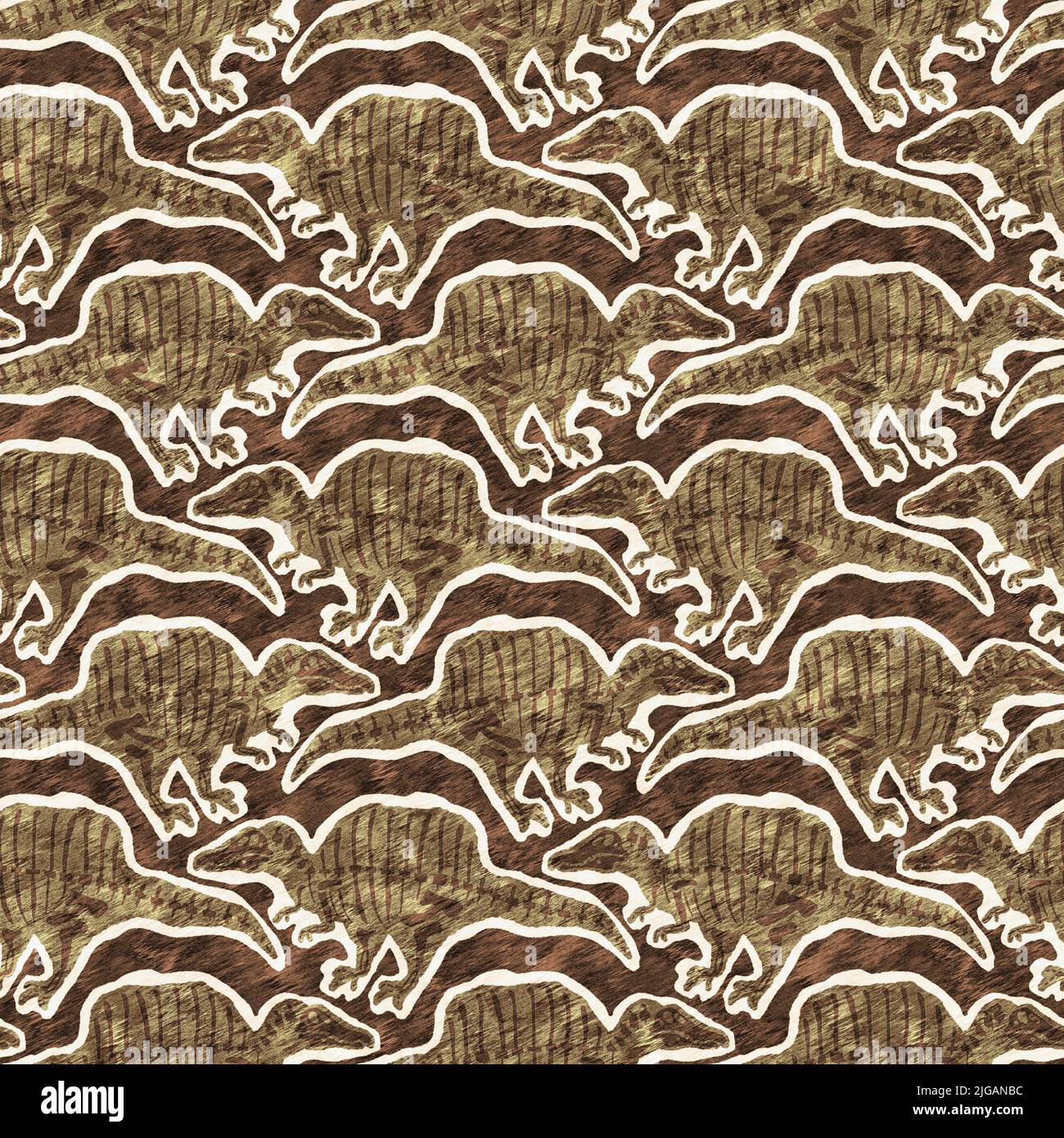 Braun handgezeichnete Spinosaurus fossile Knochen Dinosaurier nahtloses Muster. Geschlechtsspezifische neutrale jurassische Silhouette für die Babykrippe. Home Dekor für Museum Stockfoto