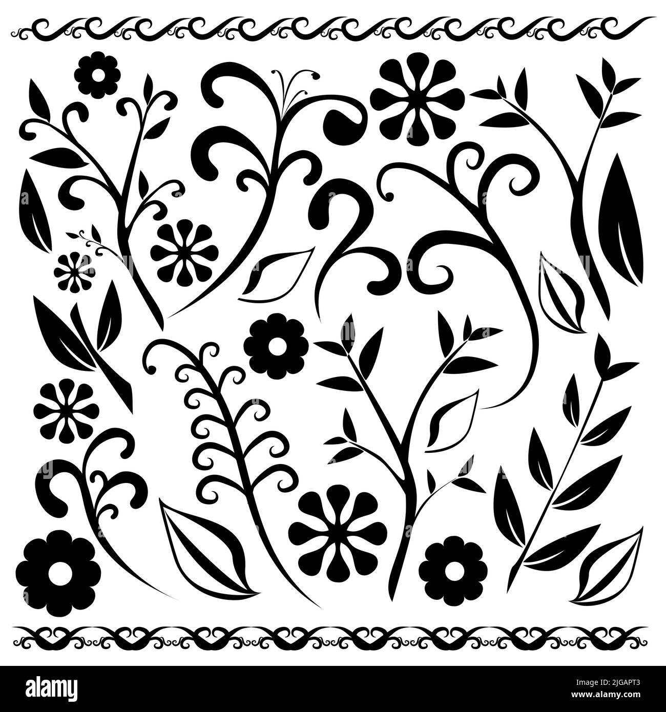 Schwarze florale Ornamente setzen isolierte Cliparts Vektor auf weißem Hintergrund Stock Vektor
