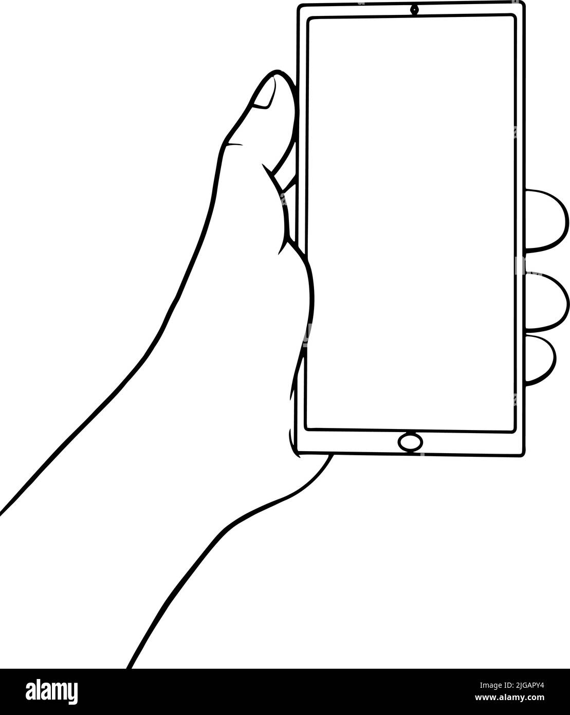 Smartphone in der Hand, leerer Bildschirm mit Schatten, Handymockup, Anwendung auf Touchscreen-Gerät. Person, die Mobiltelefon verwendet, Vektorgrafik. Stock Vektor