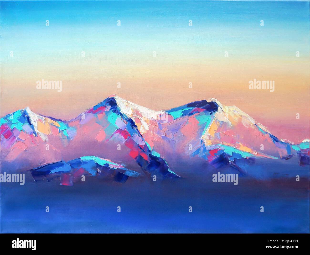 Winter ländliche Landschaft eines schwedischen Hauses. Ölgemälde in bunten Tönen. Konzeptuelle abstrakte Nahaufnahme eines Gemäldes mit Öl und Palettenmesser auf Stockfoto