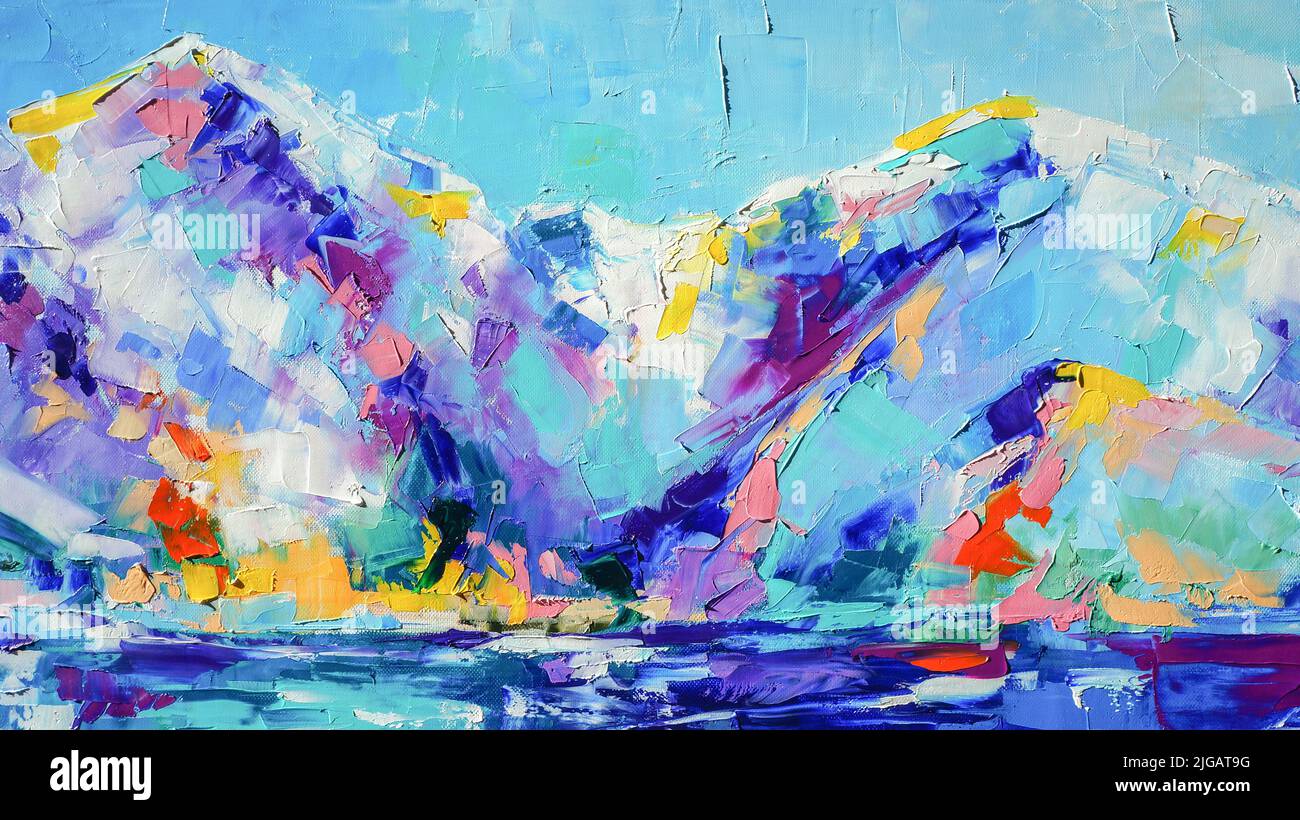 Winter ländliche Landschaft eines schwedischen Hauses. Ölgemälde in bunten Tönen. Konzeptuelle abstrakte Nahaufnahme eines Gemäldes mit Öl und Palettenmesser auf Stockfoto