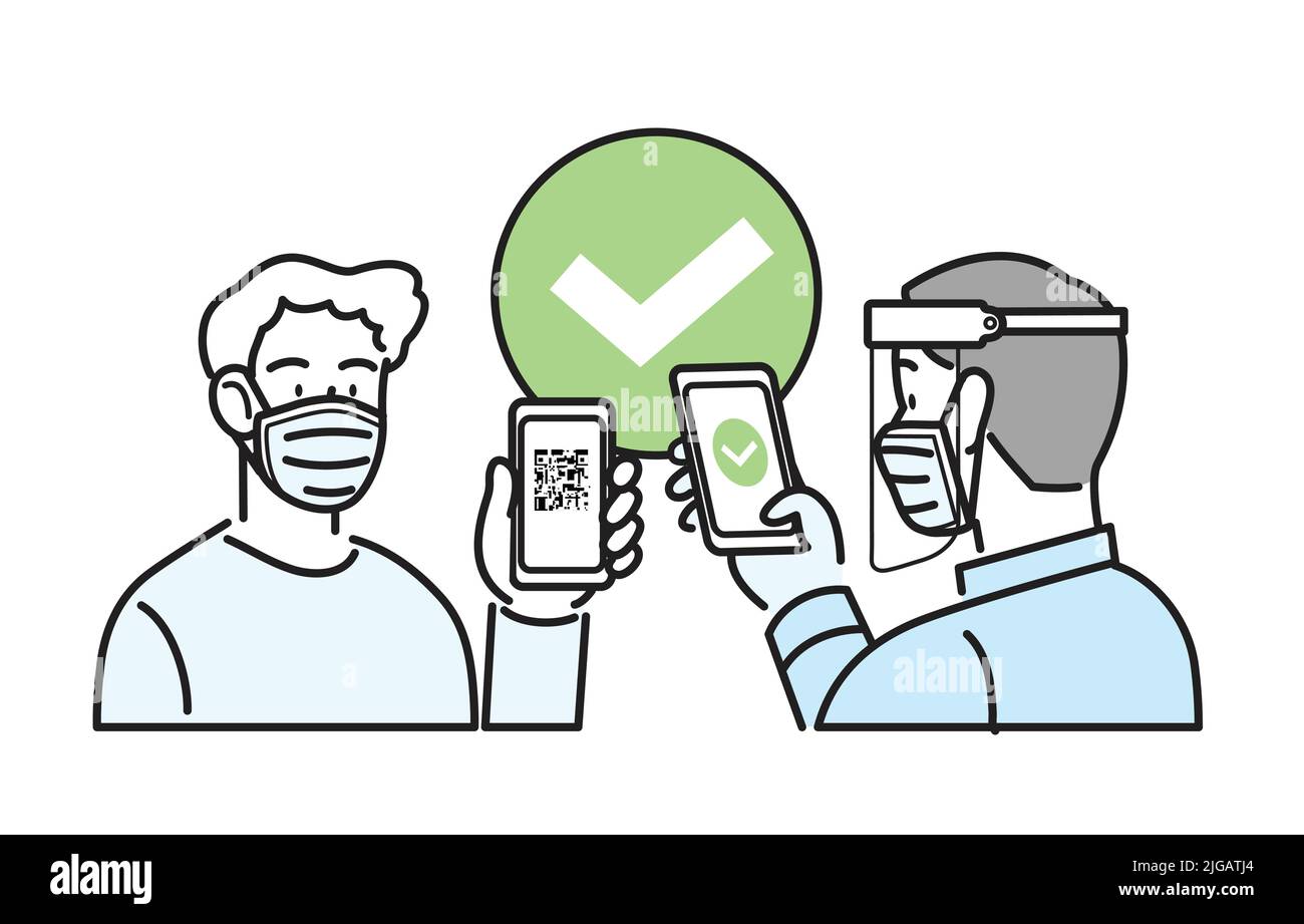 Isolierter Vektor mit Liniensymbol. Mann mit OP-Maske und Smartphone mit qr-Code auf dem Bildschirm. Digitaler sanitärer grüner Pass-Check, Impfpass. Stock Vektor