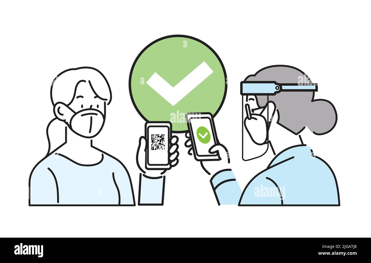 Isolierter Vektor mit Liniensymbol. Frau trägt FFP2 kn95 Gesichtsmaske, hält Smartphone mit qr-Code auf dem Bildschirm. Digitale hygienische Green-Pass-Prüfung. Stock Vektor