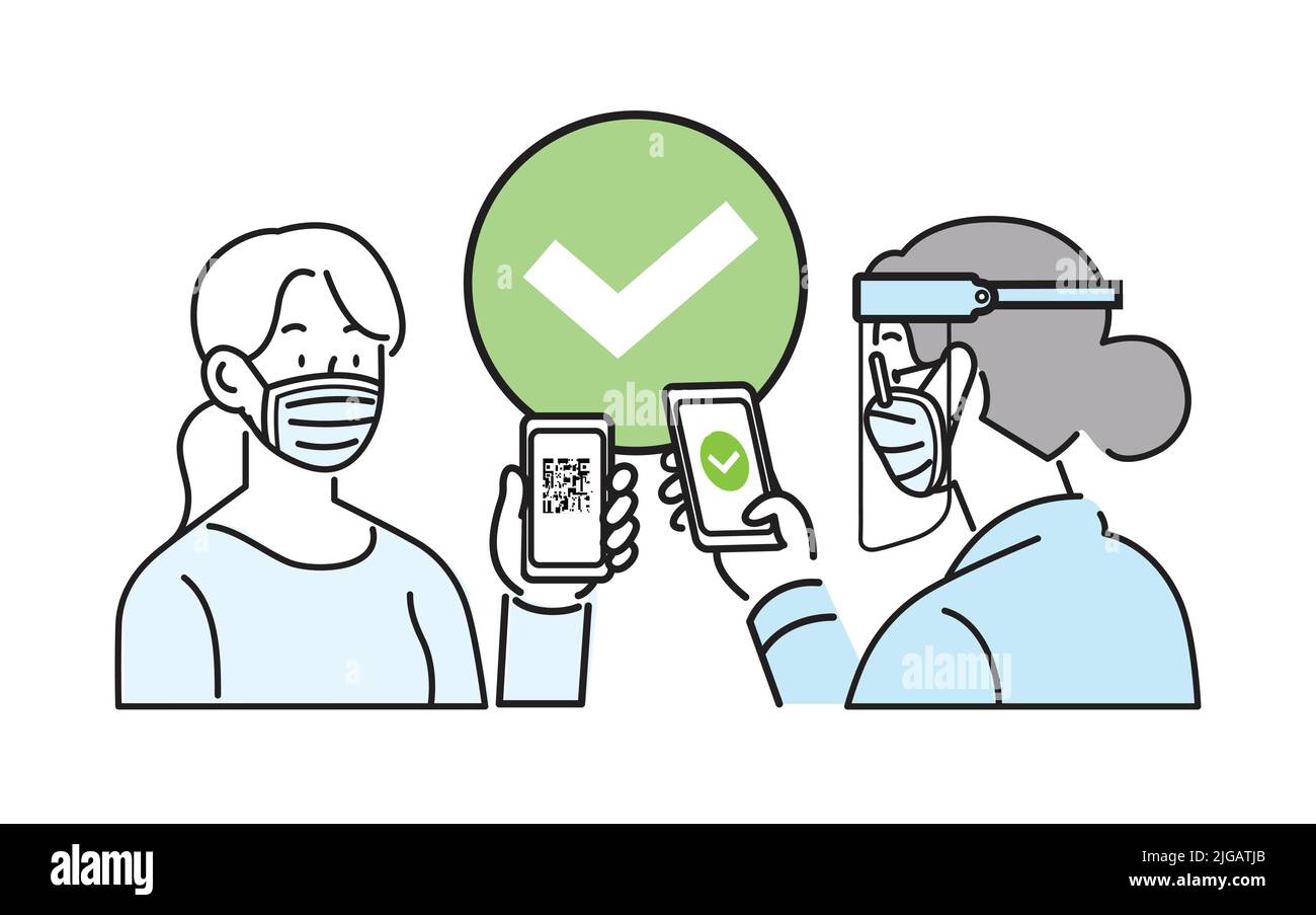 Isolierter Vektor mit Liniensymbol. Frau mit chirurgischer Gesichtsmaske und Smartphone mit qr-Code auf dem Bildschirm. Digitale Pass-Prüfung, Health Pass. Stock Vektor