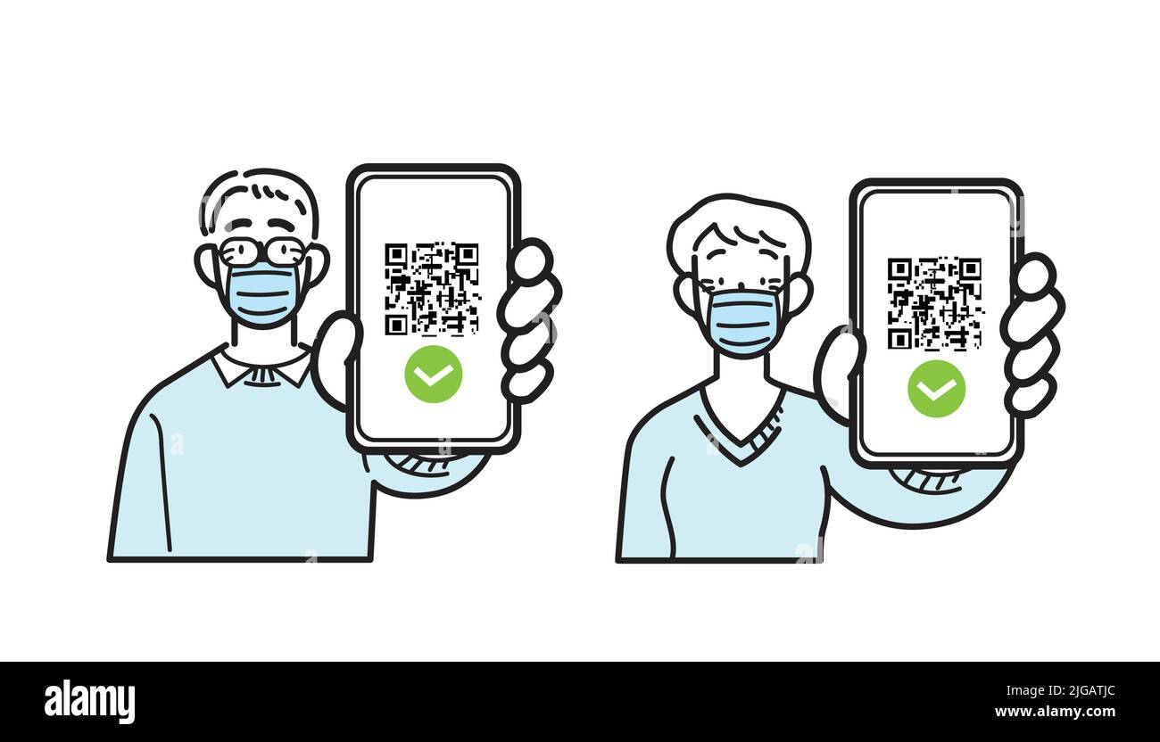 Liniensymbole isolierter Vektor. Alter Mann und alte Frau tragen eine chirurgische Gesichtsmaske und halten das Smartphone mit qr-Code auf dem Bildschirm. Digitale Pass-Prüfung auf Hygiene. Stock Vektor