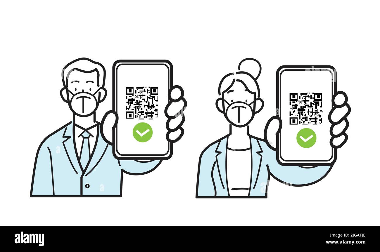 Liniensymbole isolierter Vektor. Mitarbeiter mit Geschäftskleidung, die FFP2 kn95 Masken tragen und das Smartphone mit qr-Code auf dem Bildschirm halten. Stock Vektor