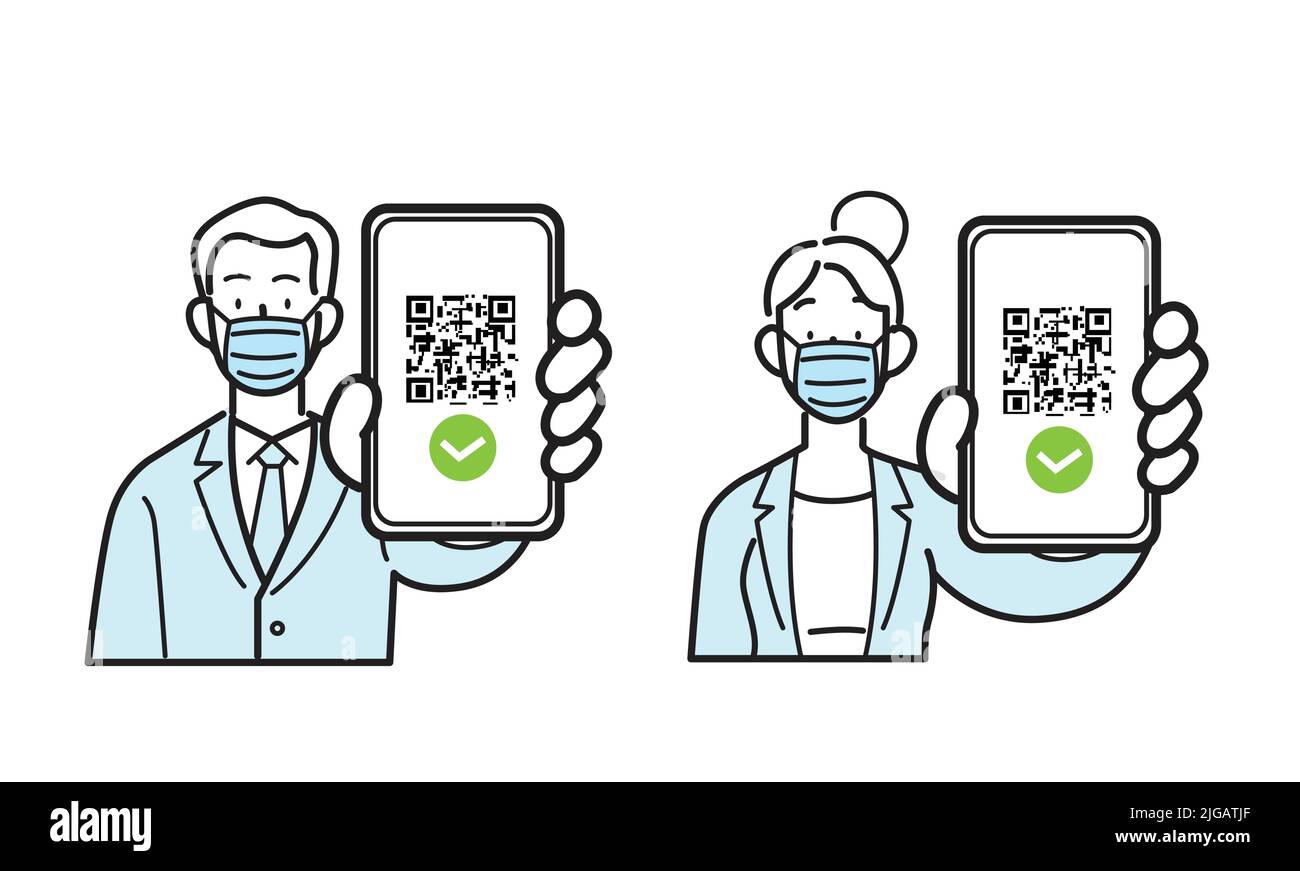 Liniensymbole isolierter Vektor. Mitarbeiter mit Geschäftskleidung tragen chirurgische Masken und halten das Smartphone mit qr-Code auf dem Bildschirm. Stock Vektor