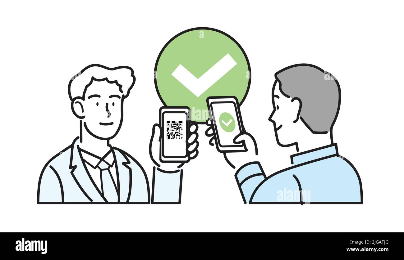 Isolierter Vektor mit Liniensymbol. Ein Angestellter in einem Geschäftsanzug hält ein Smartphone mit qr-Code auf dem Bildschirm. Digitale hygienische Green-Pass-Prüfung am Arbeitsplatz. Stock Vektor