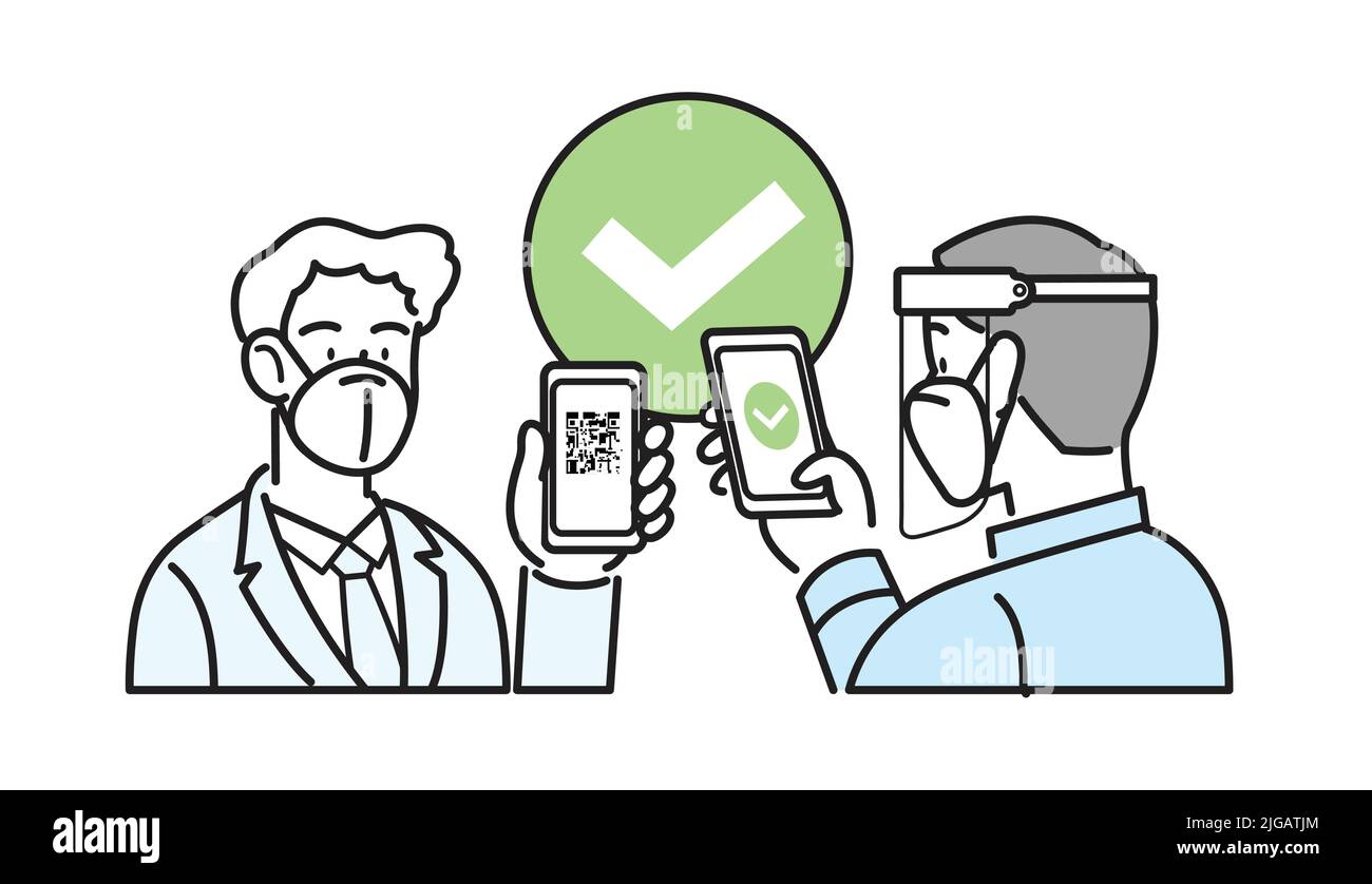 Isolierter Vektor mit Liniensymbol. Ein Angestellter im Business-Anzug trägt eine FFP2 kn95-Zoll-Maske und hält das Smartphone mit qr-Code auf dem Bildschirm. Digitaler Sanitär-Pass. Stock Vektor