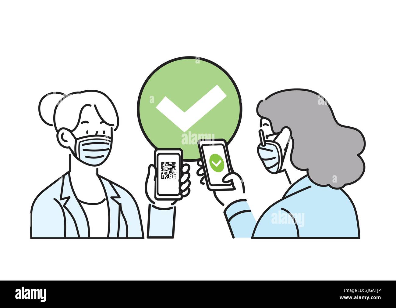 Vektor des Liniensymbols. Angestelltin im Business-Anzug mit chirurgischer Gesichtsmaske, die das Smartphone mit qr-Code auf dem Bildschirm hält. Digitale Pass-Prüfung auf Hygiene. Stock Vektor