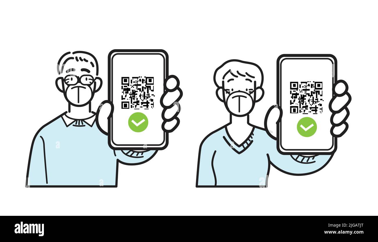 Liniensymbole isolierter Vektor. Alter Mann und alte Frau tragen FFP2 kn95 Gesichtsmaske und halten Smartphone mit qr-Code auf dem Bildschirm. Digitale Pass-Prüfung auf Hygiene. Stock Vektor