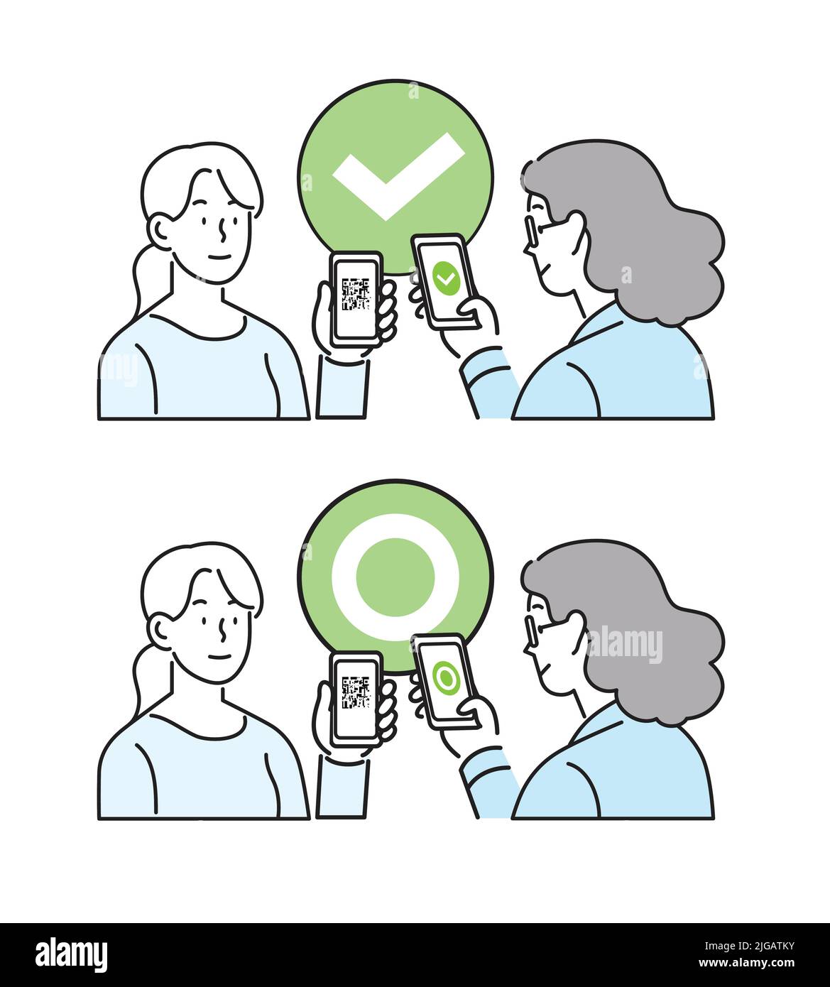 Isolierter Vektor mit Liniensymbol. Frau mit Smartphone und qr-Code auf dem Bildschirm. Digitaler Sanitär-Pass-Check, Gesundheits-Pass, eu-Green-Pass. Stock Vektor