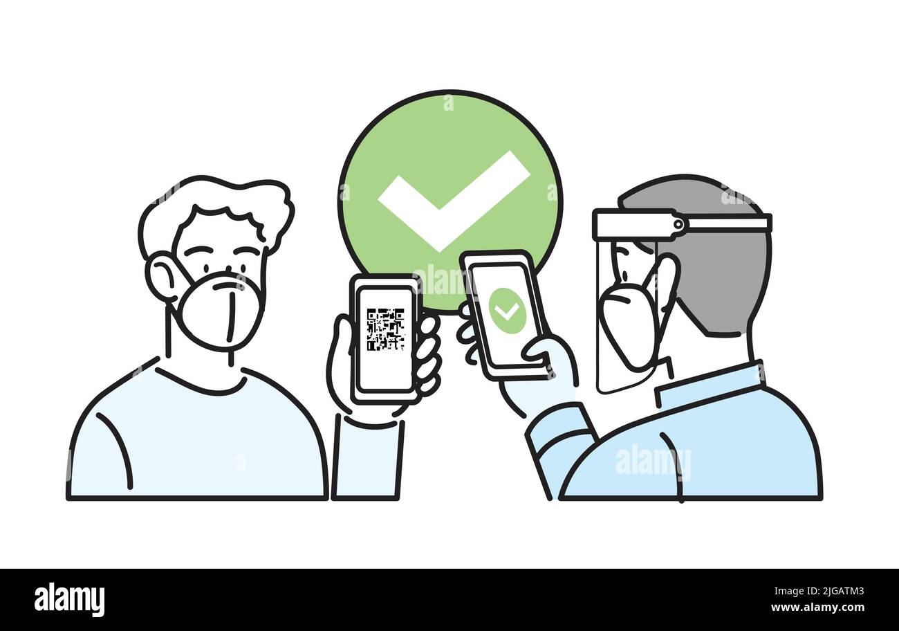 Isolierter Vektor mit Liniensymbol. Mann mit FFP2 kn95 Maske, Smartphone mit qr-Code auf dem Bildschirm. Digitale Pass-Prüfung, Impfpass,. Stock Vektor