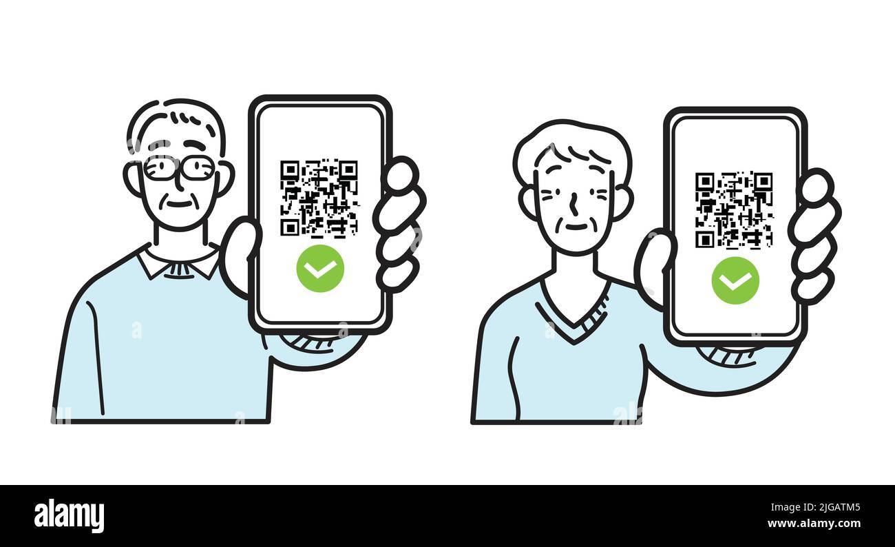 Liniensymbole isolierter Vektor. Alter Mann und alte Frau halten Smartphone mit qr-Code auf dem Bildschirm. Digitaler Sanitär-Pass-Check, eu-Green-Pass, Health-Pass. Stock Vektor