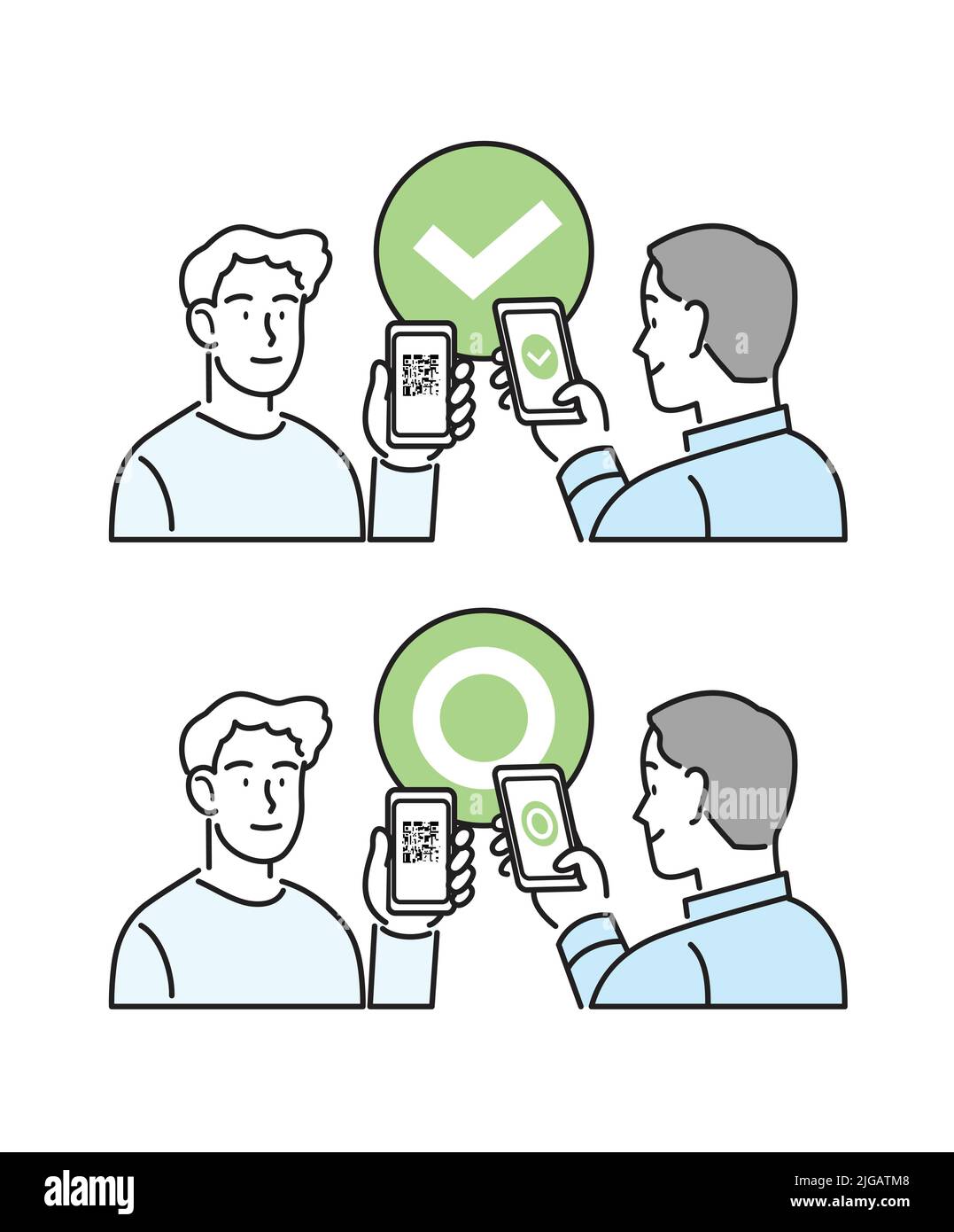 Isolierter Vektor mit Liniensymbol. Mann mit Smartphone und qr-Code auf dem Bildschirm. Digitaler Sanitär-Pass-Check, Impfpass, Gesundheit, eu-grüner Pass. Stock Vektor