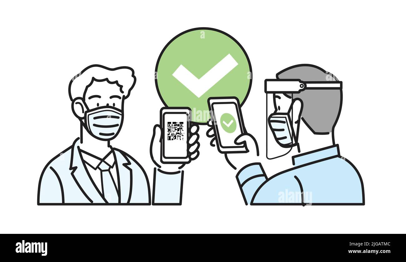 Isolierter Vektor mit Liniensymbol. Mann, der in einem Business-Anzug mit einer chirurgischen Maske beschäftigt ist, hält das Smartphone mit qr-Code auf dem Bildschirm. Digitale Pass-Prüfung auf Hygiene Stock Vektor