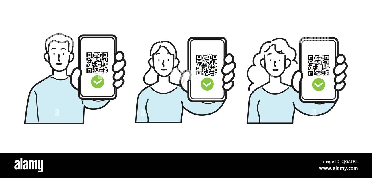 Liniensymbole Vektor isolierter Satz. Mann und Frau halten Smartphones mit qr-Code auf dem Bildschirm. Digitaler Sanitär-Pass-Check, eu-Green-Pass, Health-Pass. Stock Vektor