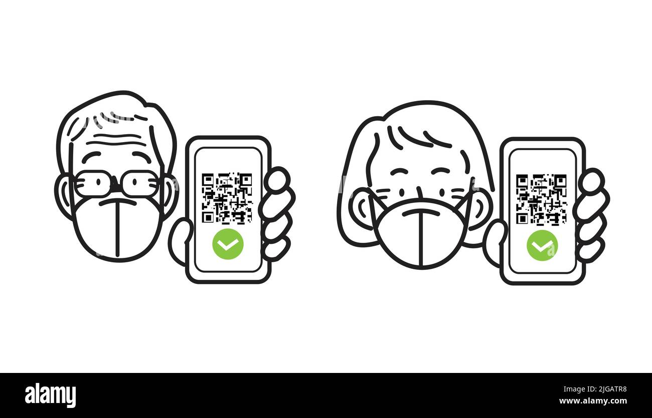 Covid19 Vektor der Präventionslinien-Symbole. Alte Frau und Mann tragen FFP2 kn95 Masken und halten das Smartphone mit qr-Code auf dem Bildschirm. Digitaler Sanitär-Pass. Stock Vektor