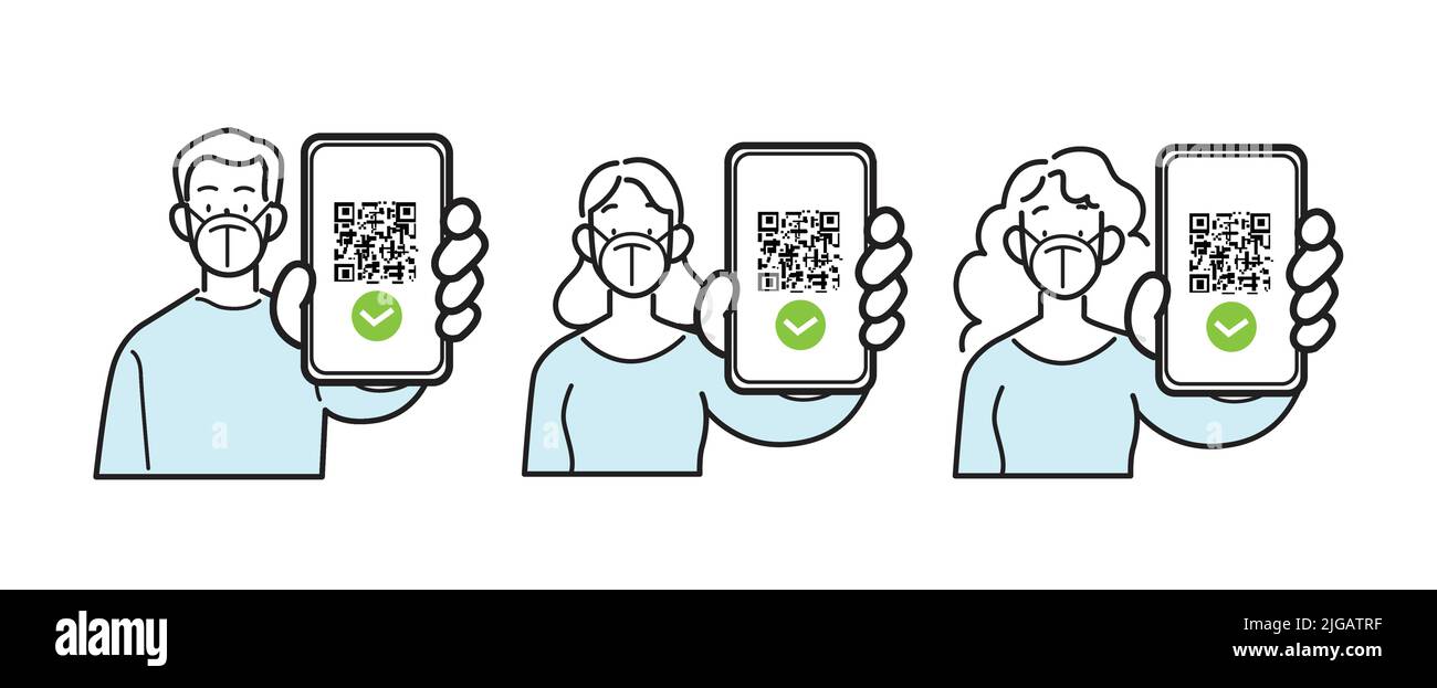 Liniensymbole isolierter Vektorsatz. Mann und Frau tragen FFP2 kn95 Gesichtsmaske und halten Smartphone mit qr-Code auf dem Bildschirm. Digitale sanitäre Pass-Prüfung. Stock Vektor