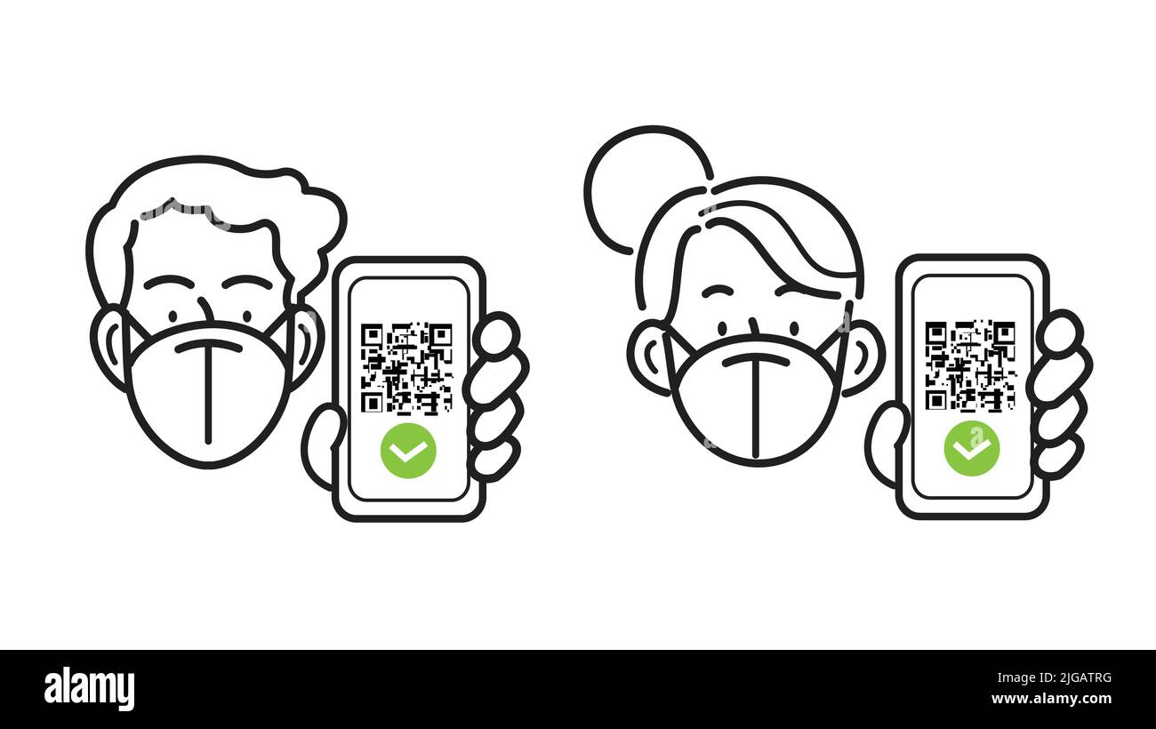 Junger Mann und Frau mit FFP2 KN95 Masken, die Smartphone mit digitalem sanitären Green Pass und qr-Code auf dem Bildschirm halten. Konzept des eu-Grünpasses. Stock Vektor