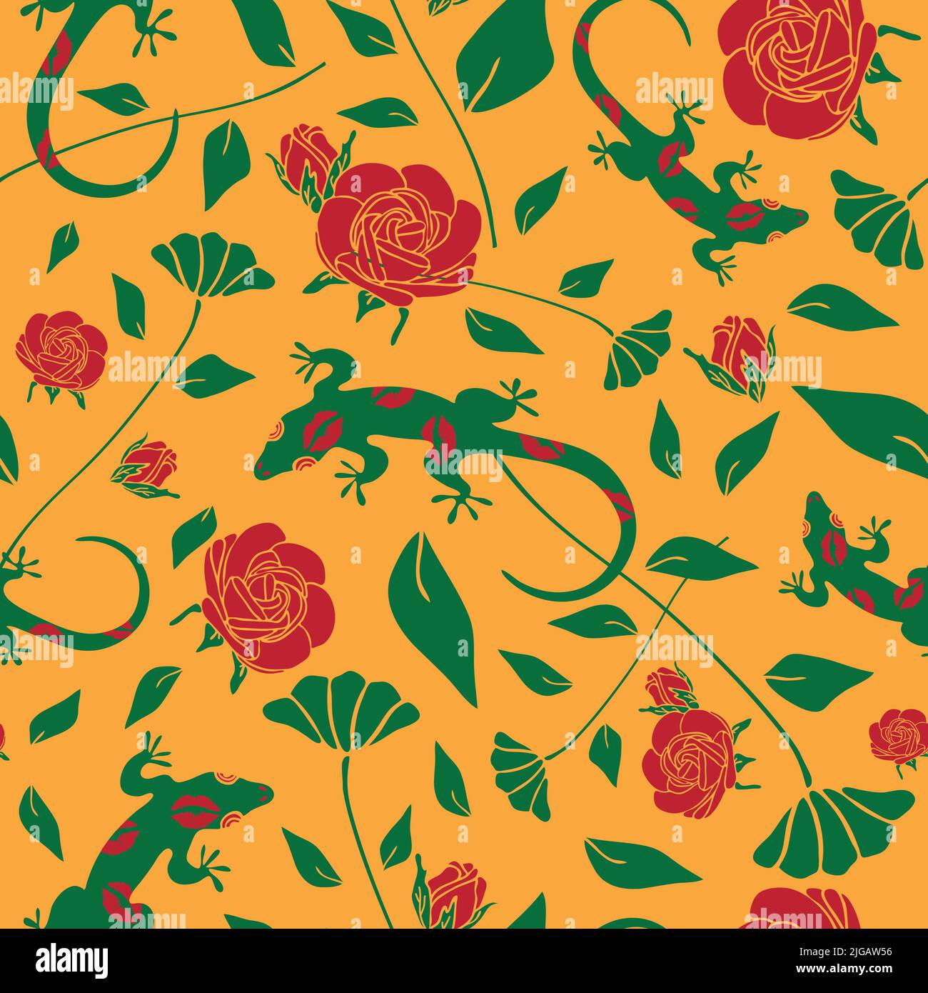 Nahtloses Vektor-Muster mit Eidechse und Rosen auf gelbem Hintergrund. Florales Tapetendesign mit grünem Gecko mit Küssen. Stock Vektor