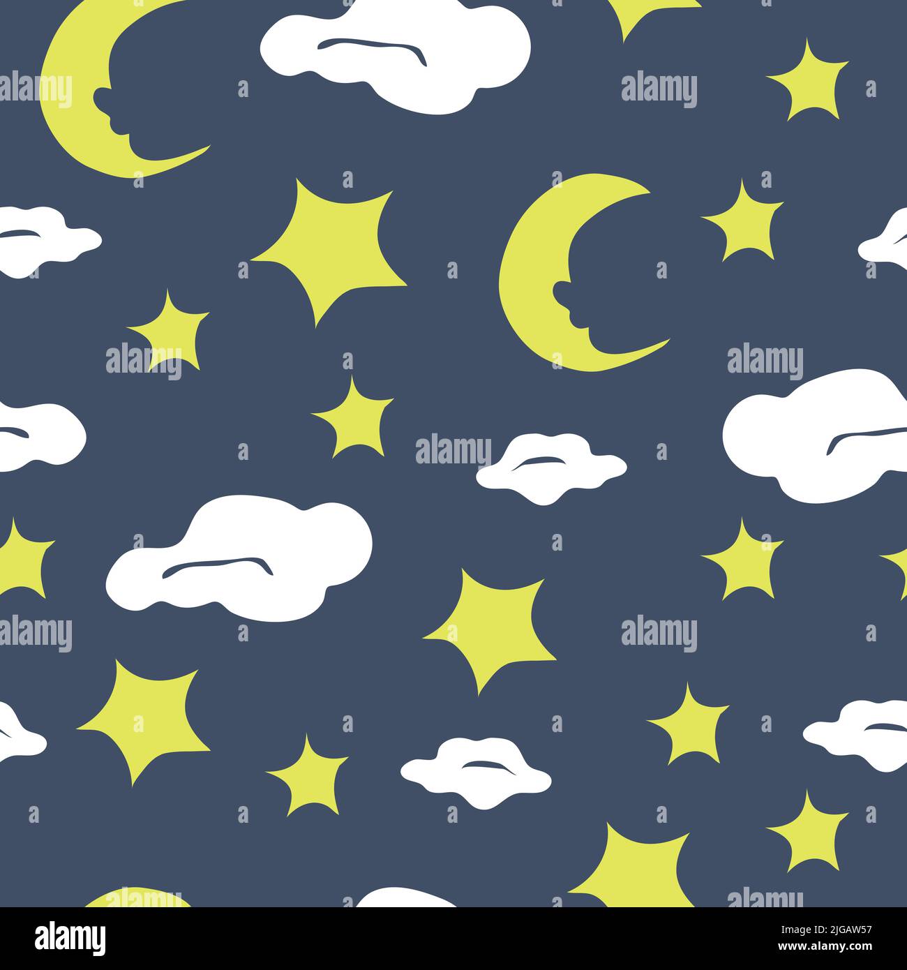 Nahtloses Vektormuster mit Mond und Sternen auf blauem Hintergrund. Nachthimmel Tapete Design mit Wolken. Einfache Wiederholung Stoff Mode für Kinder. Stock Vektor
