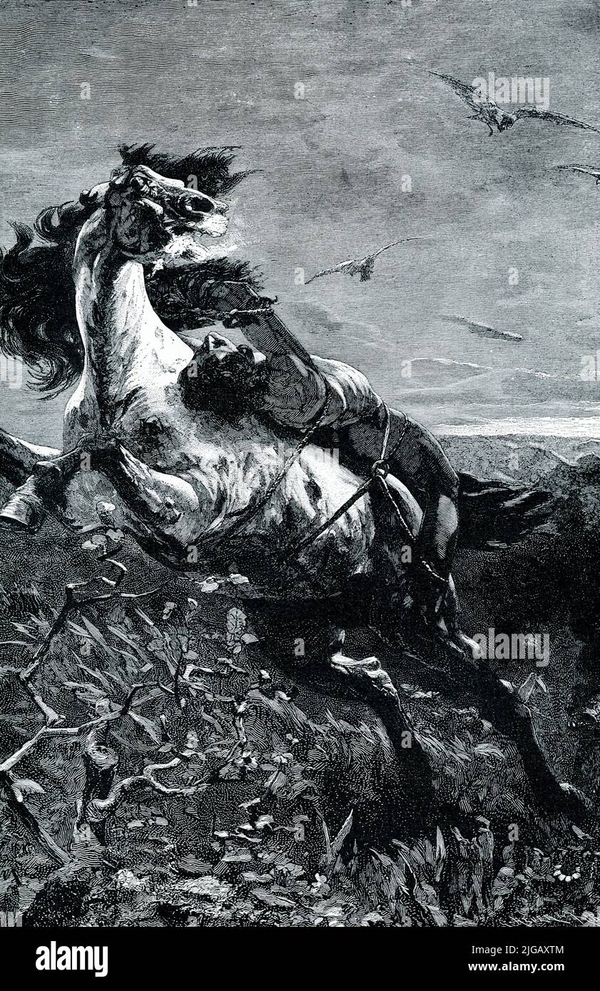 Die Überschrift von 1906 lautet: „MAZEPPA. – Der Dichter Byron hat dieses seltsame Stück russischer Geschichte mit seinem Gedicht darauf gefeiert. Mazeppa, der einen mächtigen herrn verletzt hatte, wurde ergriffen und nackt auf den Rücken eines wilden Pferdes gebunden, das er dann in die Flucht geißelte. Sie stürzte in die Wildnis und wurde von Wölfen verfolgt. Mazeppa jedoch starb nicht, sondern lebte als großer Kosakenchef.“ Dieses Bild basiert auf dem c. 1823 Gemälde Mazeppa von Theodore Gericault. Mazeppa ist ein narratives Gedicht, das der englische romantische Dichter Lord Byron 1819 geschrieben hat. Es basiert auf einer populären Legende über die frühen Stockfoto