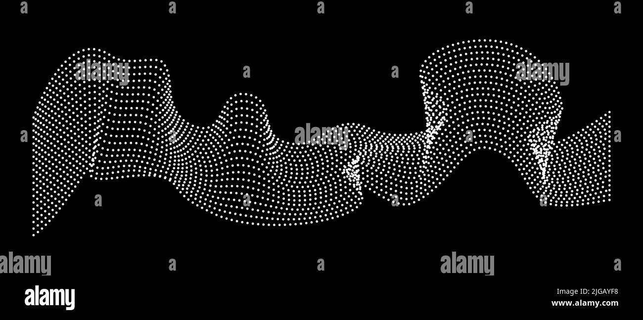 Fluss aus dynamischen Wellen von Punkten. Schwarz-weiß futuristischer Hintergrund, Kette von Knoten. Vektorabstraktion des Flusses dynamischer Partikel. Stock Vektor