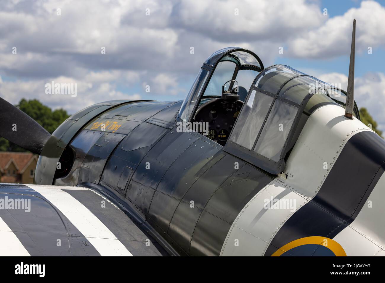 Grumman Wildcat FM-2 (G-RUMW) auf der Fluglinie auf der Fly Navy Airshow, die am 3.. Juli 2022 in Shuttleworth stattfand Stockfoto