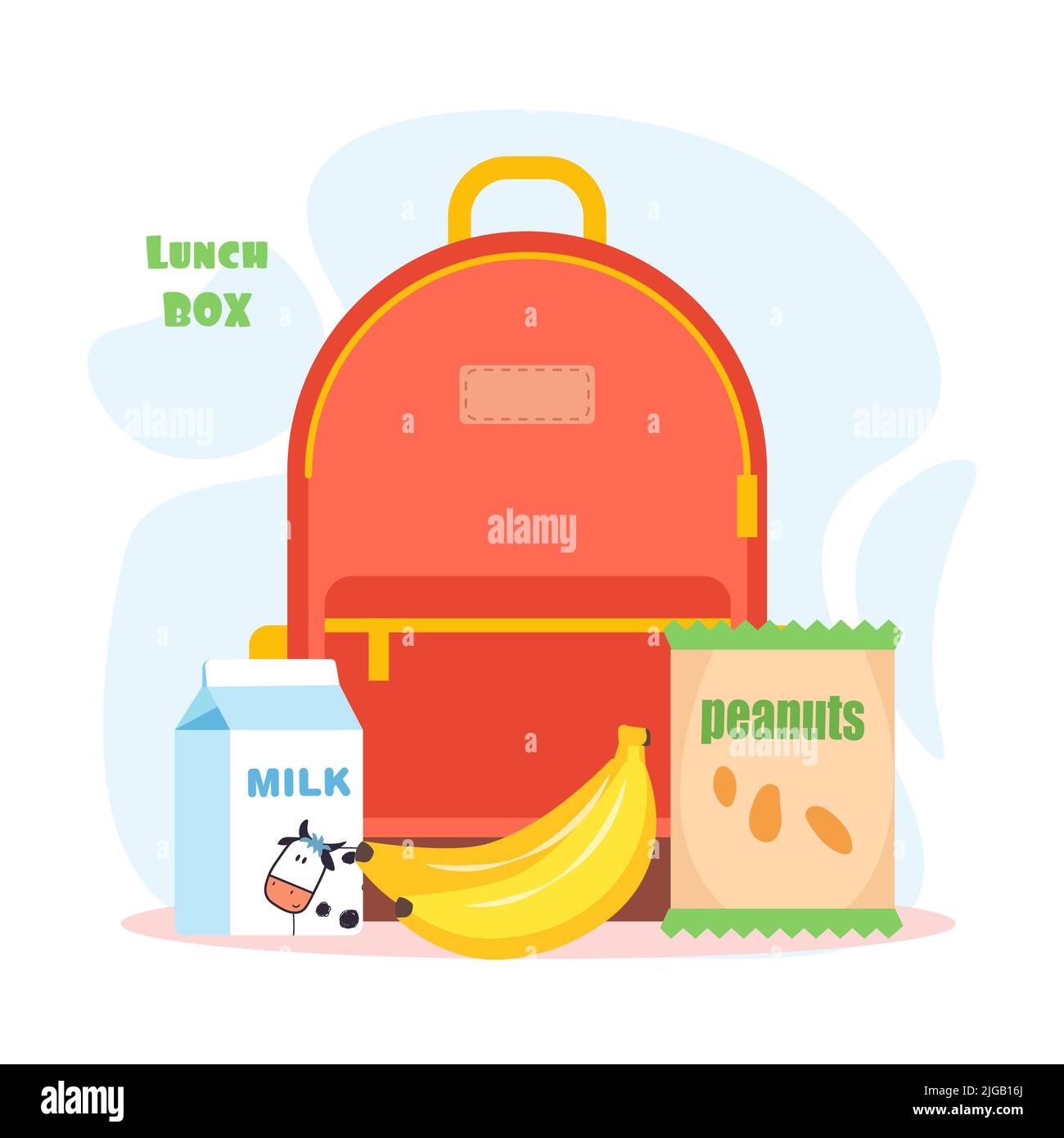 Lunchbox mit Schulmahlzeit Cartoon Banane, Milch, Erdnüsse, Sandwich, Soda. Flache Vektorgrafik isoliert auf Weiß. Farbenfrohe, appetitliche Snacks in der Lunchbox für Kinder. Farbige Lagerung gesunder Mahlzeiten. Stock Vektor