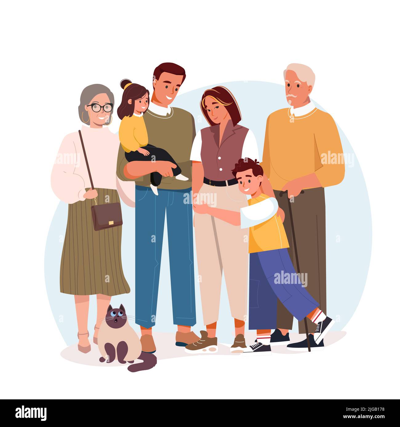 Vektorgrafiken für große Familien. Glückliche Eltern mit Kindern, Oma und Opa isoliert auf weiß. Lächelnder Vater, Mutter, Kinder und Katze. Drei Generationen zusammen. Eltern, Großeltern und Enkel. Stock Vektor