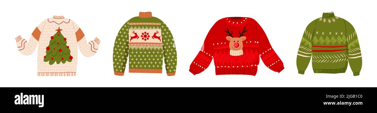 Hässliches Weihnachts Pullover Vektor-Set. Cartoon niedliche Wollpullover mit norwegischen Ornamenten. Gestrickter Winterurlaub Pullover mit lustigen Rentieren, Weihnachtsbaum, Schneeflocken dezember Kleidung isoliert Ikone. Vektorgrafik. Stock Vektor