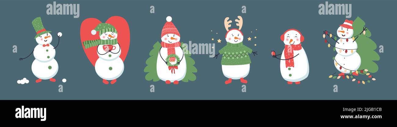 Set von niedlichen weihnachten Schneemänner in Hüten und Tücher. Schneemann mit Weihnachtsbeleuchtung, Schneebällen, weihnachtskranz und Tasse Kakao. Sammlung von fröhlichen Charakteren. Flache Vektorgrafik isoliert. Vektorgrafik. Stock Vektor