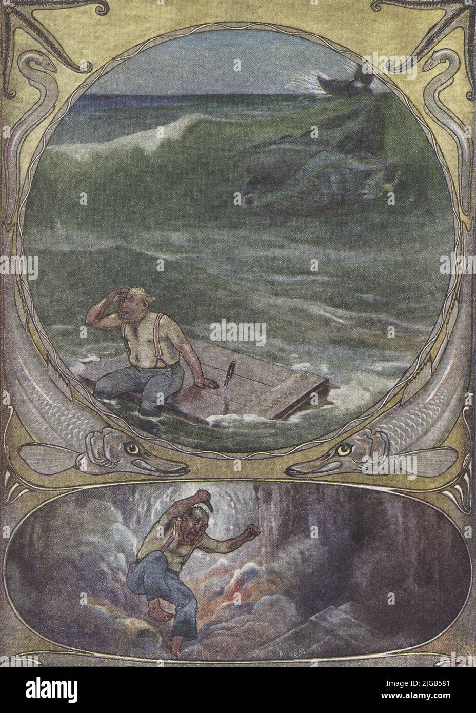 Dieses Bild von J M Gleeson aus dem Jahr 1912 illustriert Kiplings wie Wal seine Kehle bekam. Es war einmal der Wal, der Fische aller Art und der Größen aß. Schließlich blieb nur noch ein kleiner scharfer Fisch im Meer, der sich hinter dem Ohr des Wals versteckte und ihm riet, einen Schiffbrüchigen zu essen, der in der Breite 50 Nord und in der Länge 40 West zu finden ist. Der Wal verschluckte den Seemann und das Floß, auf dem er saß. Aber einmal drinnen, sprang der Seemann so viel, dass der Wal Schluckauf bekam und bat ihn, herauszukommen. Er antwortete, dass er es nicht tun würde, es sei denn, er würde an das Ufer seines britischen Hauses gebracht und dan Stockfoto