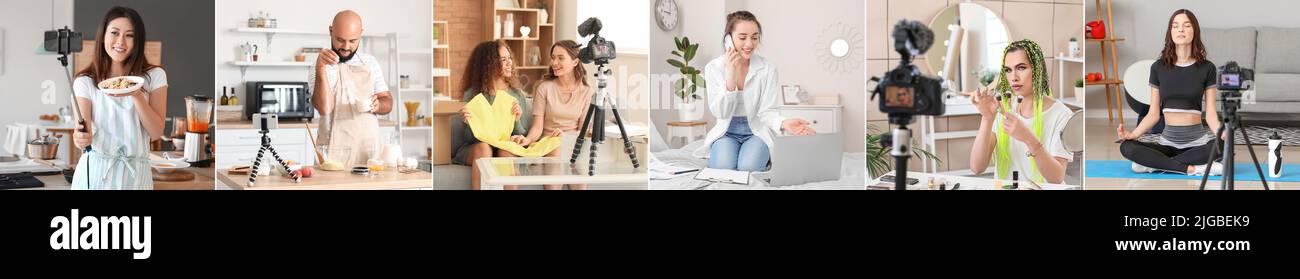 Collage von verschiedenen jungen Bloggern, die Videos zu Hause aufnehmen Stockfoto