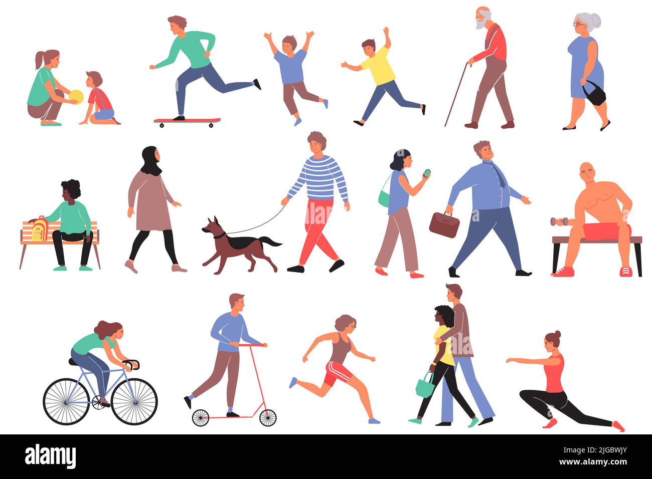 Walking Menschen flache Reihe von verschiedenen Alters menschliche Charaktere Durchführung Outdoor-Aktivitäten isoliert Vektor-Illustration Stock Vektor