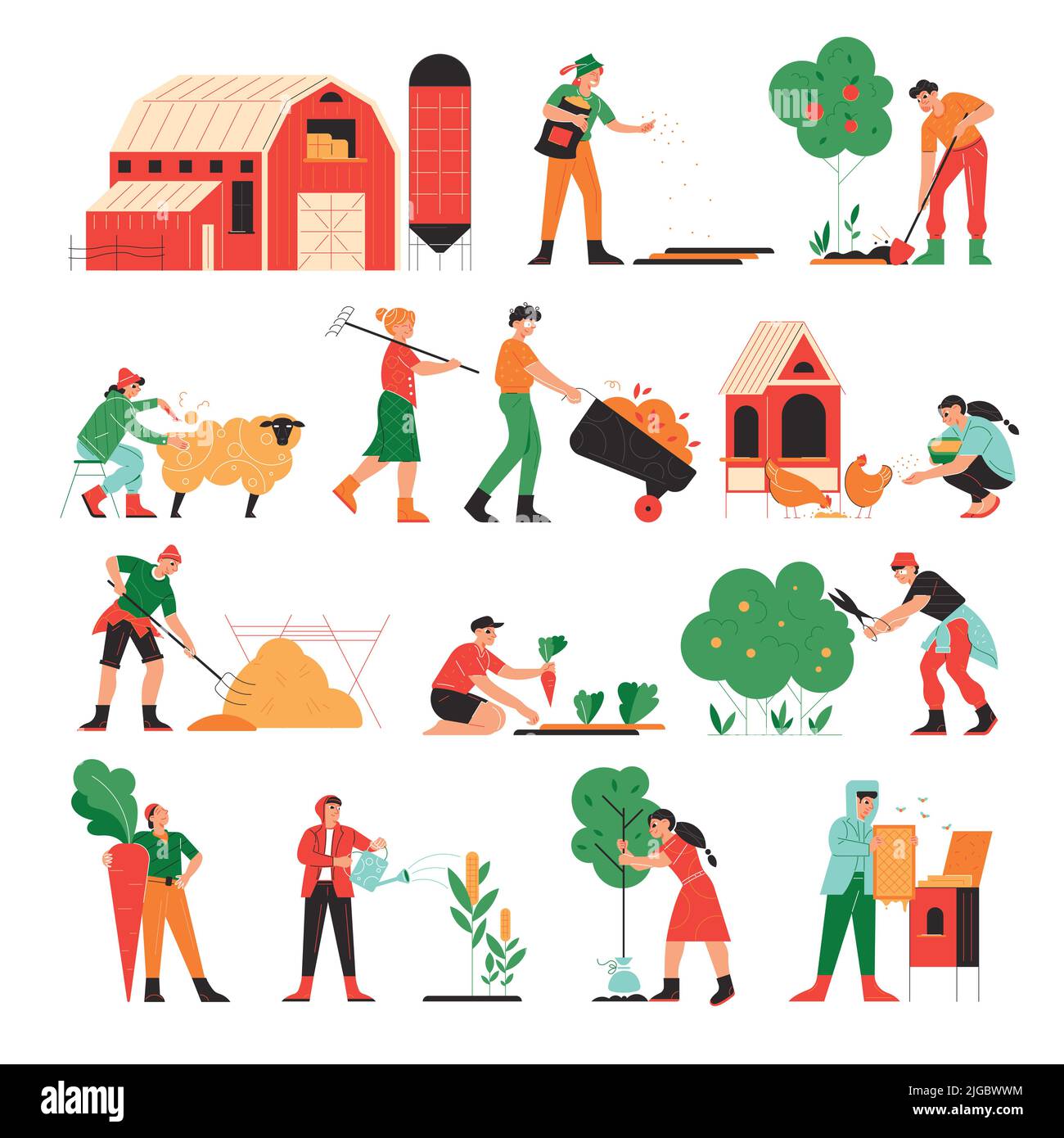 Bauernhof Satz von isolierten Icons Doodle Bilder von Tieren und Pflanzen mit arbeitenden Menschen und Bauernhof Gebäude Vektor-Illustration Stock Vektor