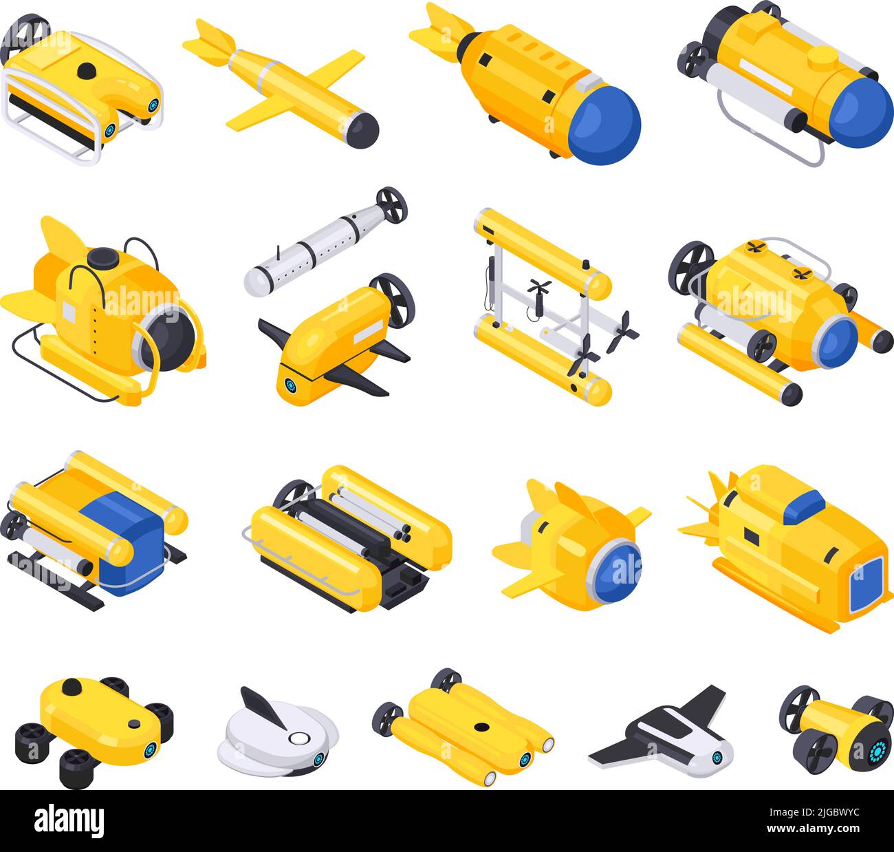 Unterwasserfahrzeuge Maschinen Ausrüstung isometrisches Icon Set mit Maschinen zum Tauchen zum Tauchen und Erkunden des Meeresbodens Vektorgrafik Stock Vektor